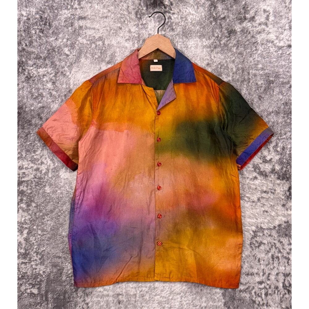 Perte D'ego Silk Shirt Small Mens Cosmic Tie Dye Camp Collar